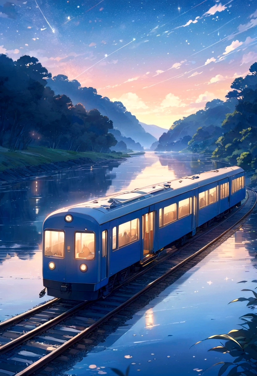 Masterpiece, anime train passing through bodies of water on tracks, bright starry sky. Romantic train, Makoto Shinkai's picture, pixiv, concept art, lofi art style, reflection. by Makoto Shinkai, lofi art, Beautiful anime scene, Anime landscape, detailed scenery —width 672, in style of Makoto shinkai, style of Makoto shinkai, enhanced details.