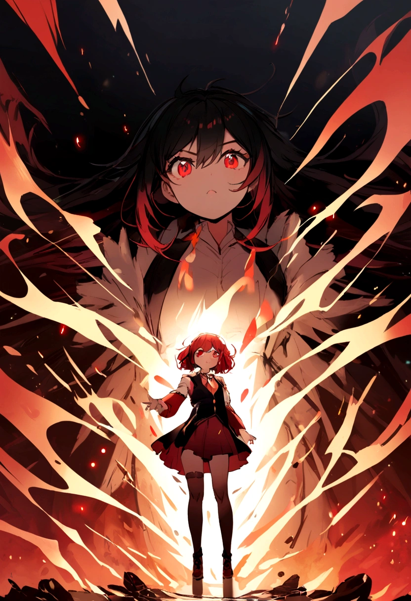 Black skin toned anime girl, eldritch horror girl, long length hair, curly hair, glasses, red hair, school girl, full body image, horror, scary eyes
