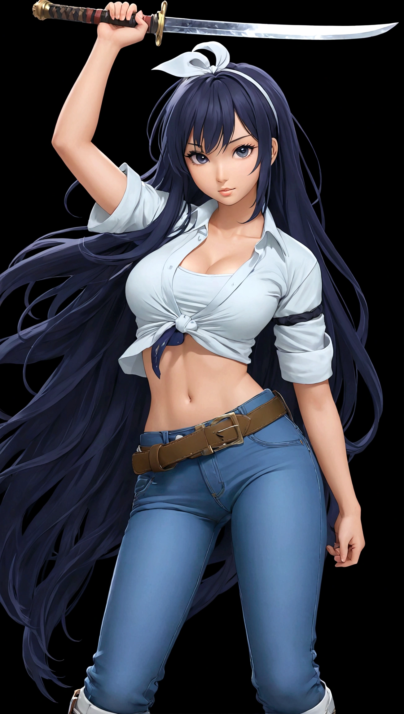 1girl,sword,shirt,belt,Black Hair,jeans,Fences,Headband,sword,arms,Long hair,belly button,shirt,Single pants leg,Disgusted look, ,Kanzaki Kaori,solo,sword,绑shirt,arms