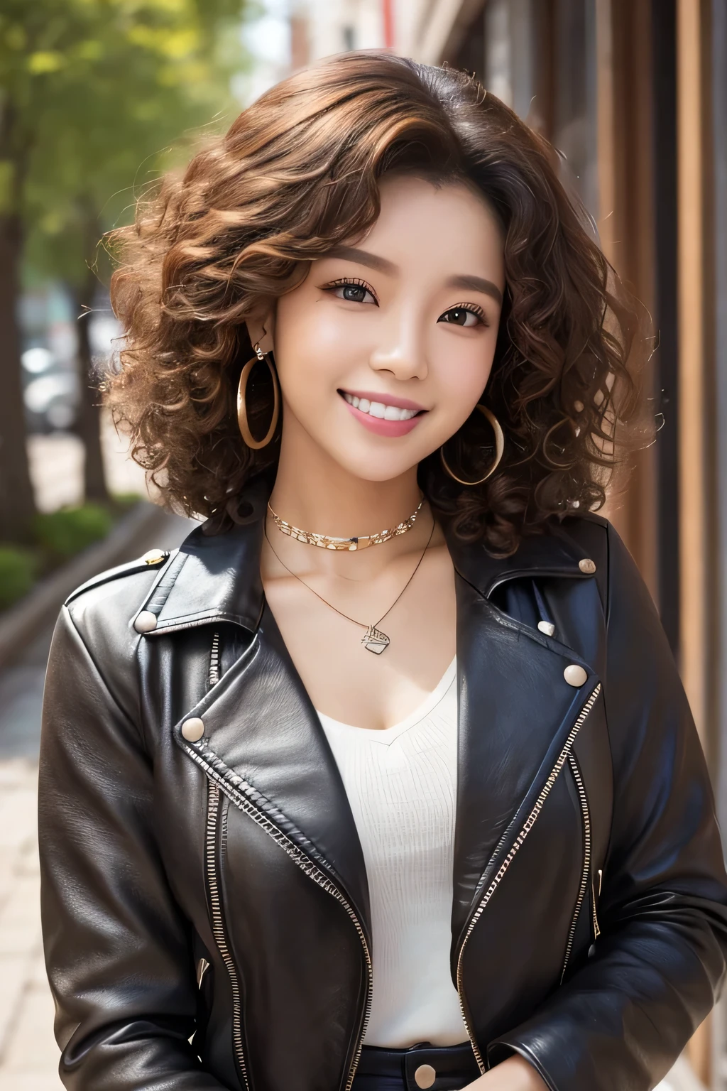 Beautiful young woman of the year、 Korean women、Light brown hair、Afro hairstyle、Perm on hair、Necklace around the neck、leather jacket、shirt、smile, Beautiful teeth alignment、Intricate details, Very detailed:1.2), 、 Looking into the camera,The background is the town、Ear piercing
、Ear piercing
