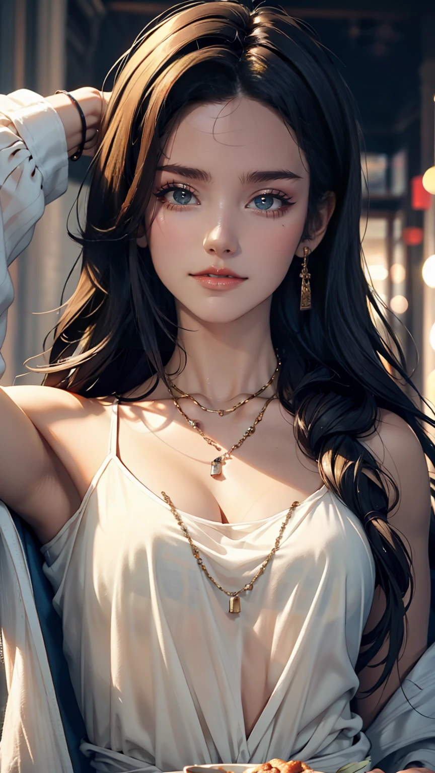 That's excellent, amazing, Ultra HD, Realistic, girl, (Beautiful Face 1.4), (big, Narrow waist), Long Hair, indoor, Bokeh, Beautiful light, Shiny skin, Small Head, smile, Dinner Party, Holding a cup