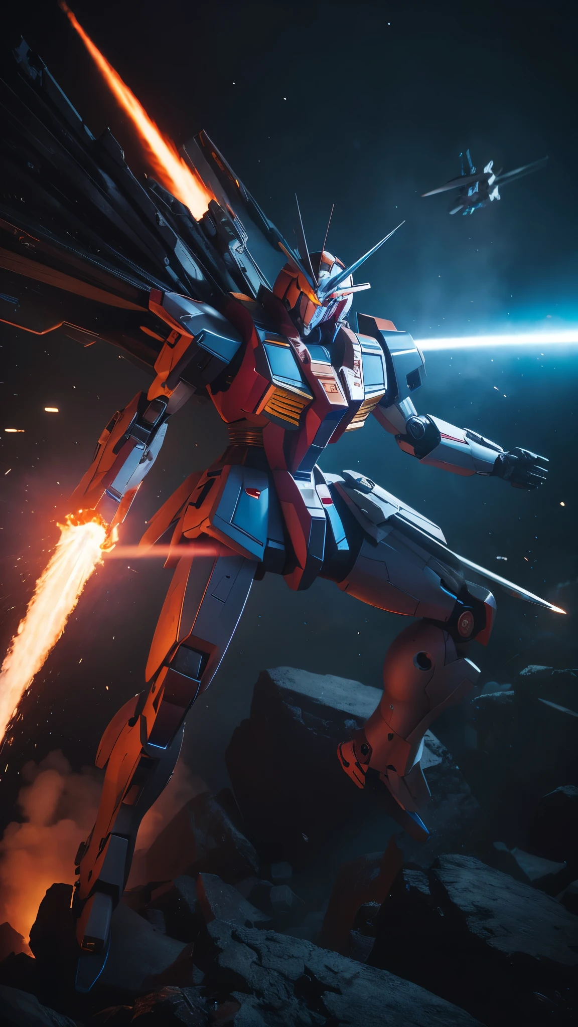 a massive mecha gundam, mightystrikefreedomgundam, detailed mechanical engineering, futuristic sci-fi, intense space battle, explosive action, dynamic movement, dramatic lighting, cinematic composition, hyperrealistic rendering, 8k, photorealistic, masterpiece