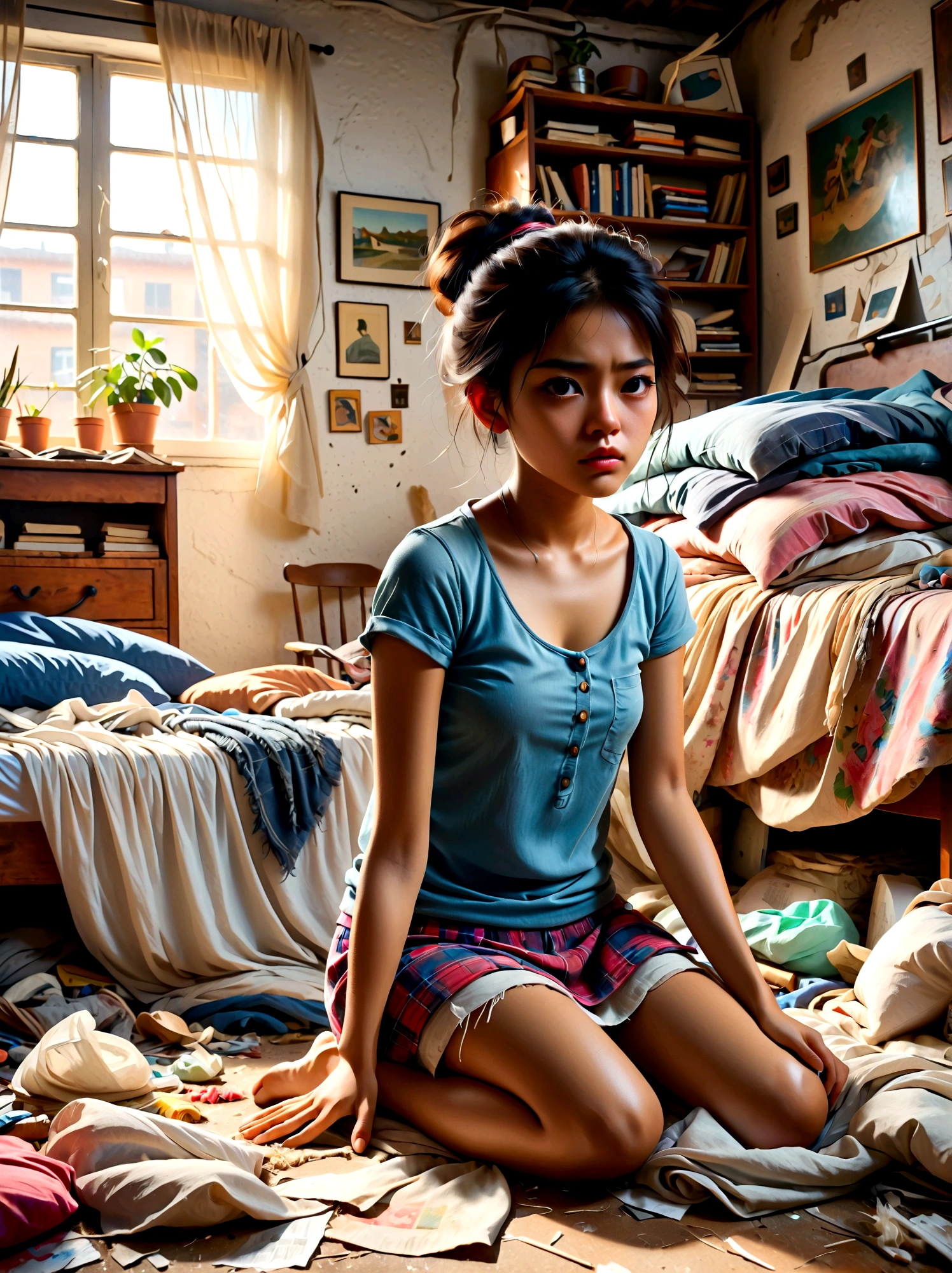 (a young girl with a disgusted expression:1.5), (Disgusted look:1.5), Long eyelashes, Messy hair, Sweating, Cleaning a Messy Room, dust, cobwebs, A bunch of clothes, Unmade bed, garbage on the floor, Realistic details, Realistic shadows, Realistic lighting, Natural light, Super Fine, Sharp focus, Physically Based Rendering, Extremely detailed description, major, Vivid colors