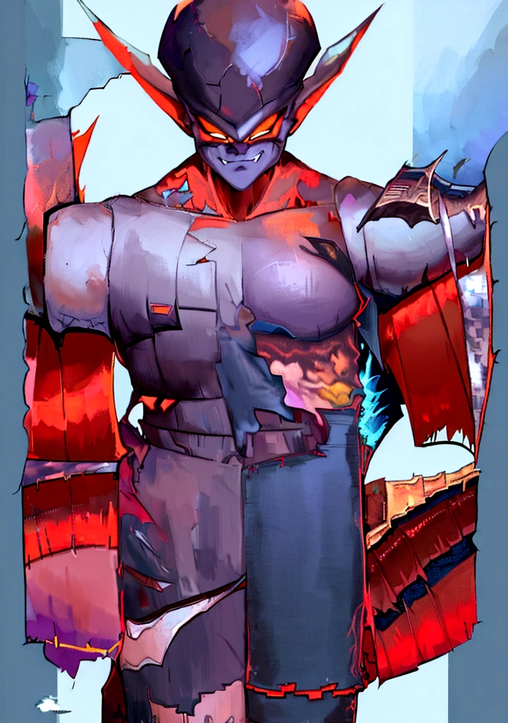 (solo:1.5),(1boy:1.3),(topless_male:1.5),janemba,standing,(wasteland),(wind_lift),(bare shoulders:1.7),((armor fragments:1.7)),(battle damage:1.5),(tearing clothes:1.8),fang_out,(evil smile:1.2),