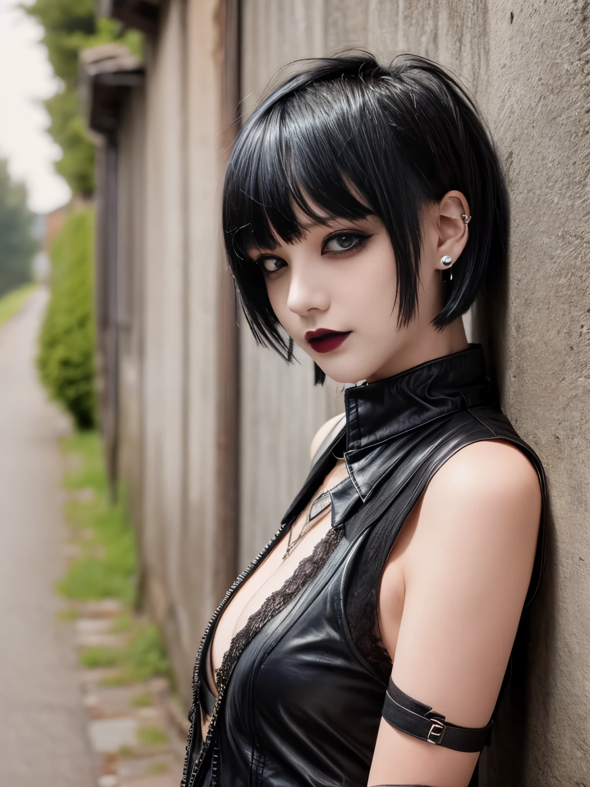 1girl, goth, goth makeup, short hair, spiked hair, spiky hair, big breasts, spiked choker, indoors
