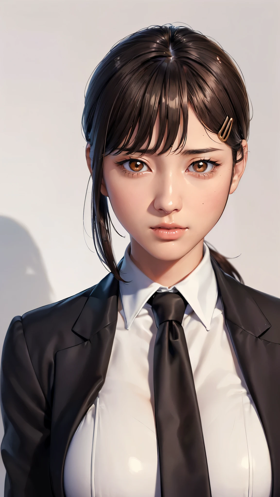 (((Perfect body,White and tender skin,(((black necktie, black pants, business suit, formal, long sleeves, necktie, pants, suit,,))),(((kobeni higashiyama, black hair, hair ornament, hairclip, ponytail, short hair, (brown eyes:1.5),))),((masterpiece)),highres,((Best quality at best)),masterpiece,quality,Best quality,((( Exquisite facial features,Looking at the audience,There is light in the eyes,(((pain,endure,Tears,tears mark,Tears,sweat)))))),(((Light and shadow,Huge breasts,))),(((Looking at the camera,White background,))))