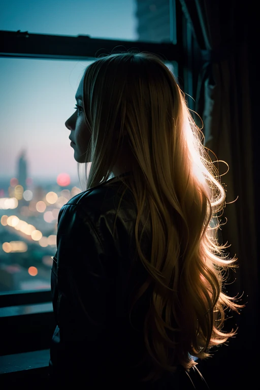 Silhouette of a cute girl looking out at the big city,Backlit,blonde long hair,sci fi,cyberpunk,neon