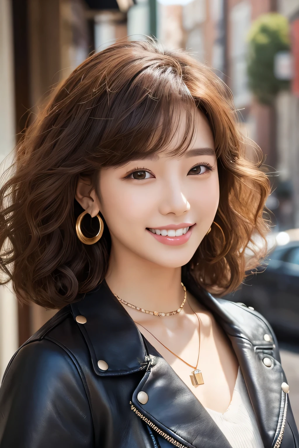 Beautiful young woman of the year、 Korean women、Light brown hair、Afro hairstyle、Perm on hair、Necklace around the neck、leather jacket、shirt、smile, Beautiful teeth alignment、Intricate details, Very detailed:1.2), 、 Looking into the camera,The background is the town、Ear piercing
、Ear piercing