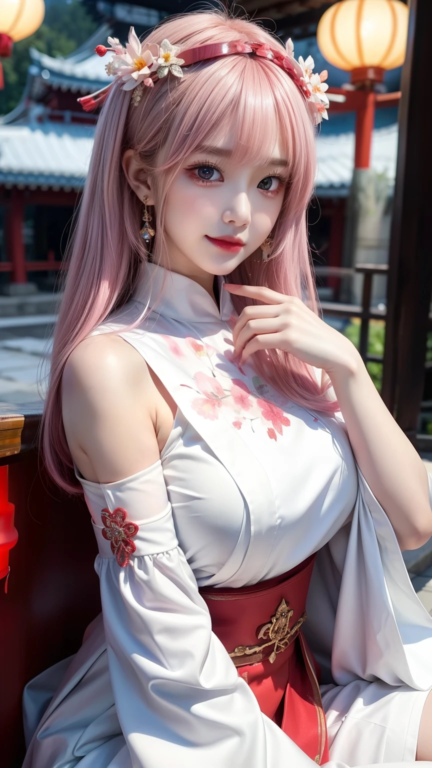 1girl, (ulzzang-6500:0.7), kpop idol, yae miko, detached sleeves, bare shoulders, pink hair, long hair, japanese clothes, best quality, (painting:1.5), (hair ornament:1.35), jewelry, purple eyes, earrings, breasts, torii,  cherry blossoms,  lantern light, depth of field, detailed face, face focus, ribbon_trim, (looking at viewer:1.25), nontraditional miko, shiny skin, long sleeves, smile, thick lips, game cg, hands on lips, east asian architecture, (blurry background:1.2), sitting, upper body,