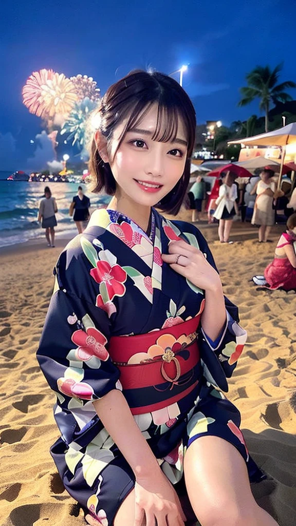 (highest quality、Tabletop、8k、Best image quality、Award-winning works)、One beautiful woman、(beautiful kimono:1.25)、(sitting with spreading legs on the beach at night,outdoor:1.35)、(fireworks all over the sky,star mine
:1.45)、(No makeup:1.1)、(Wet shiny short hair:1.1)、(Wet, Dense short hair:1.1)、(Ultra-fine moisturized, Shiny skin:1.1)、(Ultra-fine, Lustrous and moisturized skin:1.1)、(Upper body photo,half body shot:1.25)、Brightly lit face、Very bright、Ultra-high definition beauty face、Ultra high resolution perfect beautiful teeth、Ultra HD Hair、(Ultra-high definition wet and shiny skin:1.1)、Super high quality glossy lip、(Accurate anatomy:1.1)、Big Breasts、Cleavage、slender waist,Accentuate your body lines、look at me、(short:1.1)、(Droopy eyes, Natural Makeup、Ultra-high definition beauty face:1.25)、(Ultra high resolution perfect beautiful teeth, Mid-chest, Tight waist, smile:1.15)、Ultra HD Shining Eyes、Super high quaHigh resolution 16K human skin closeup。 The skin texture is natural、,Pores、It must be detailed enough to be easily identifiable.。 Skin should look healthy and have an even tone。 Use natural light and color,lity glossy lip