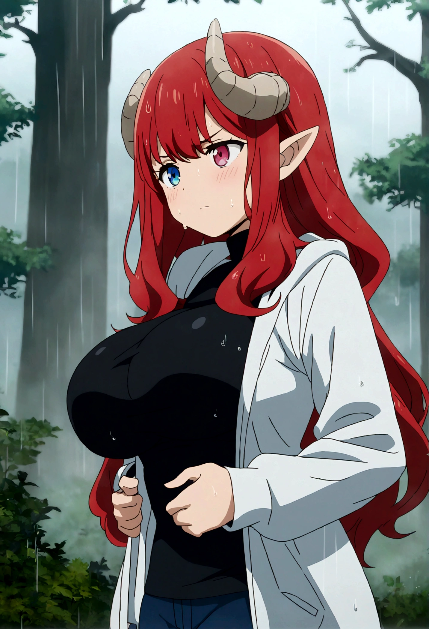 (masterpiece, best quality:1.2) best quality, girl design, portrait, giesha, anime image, long hair, red hair, shy and horny look, heterochromia eyes, hair covering horns, demon horns, tight small(super small) black tank bra, blue short jeans, white Windbreaker jacket, hands on chest, round thick giant breasts, ((Colossal tits: 0.1)), wet, soft rain, raining, in a forest, full body, anime style, blurry, masterpiece, highres
