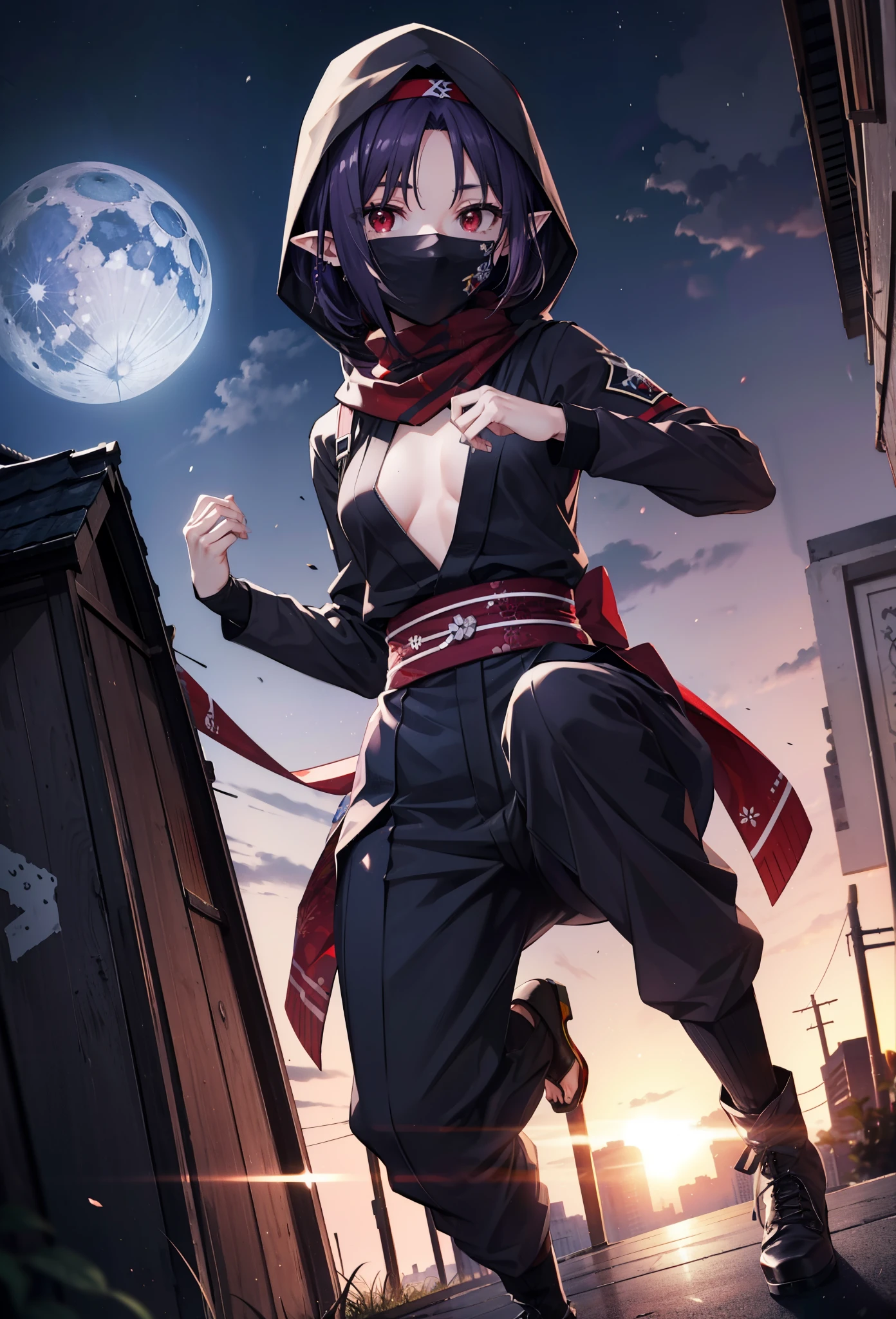 yuukikonno, Yuki Konno, hair band, Long Hair, Pointy Ears, Purple Hair, (Red eyes:1.5), (Small breasts:1.2),Hooded,cover your mouth with a black scarf,strict,black Ninja uniform,Ninja,black Ninja pants,short boots,Action pose,Overlooking the city from the roof of the building,moon,moon明かり,night,whole bodyがイラストに入るように,
break looking at viewer, whole body,
break outdoors ,Medieval European-style building,
break (masterpiece:1.2), highest quality, High resolution, unity 8k wallpaper, (shape:0.8), (Beautiful and beautiful eyes:1.6), Highly detailed face, Perfect lighting, Highly detailed CG, (Perfect hands, Perfect Anatomy),