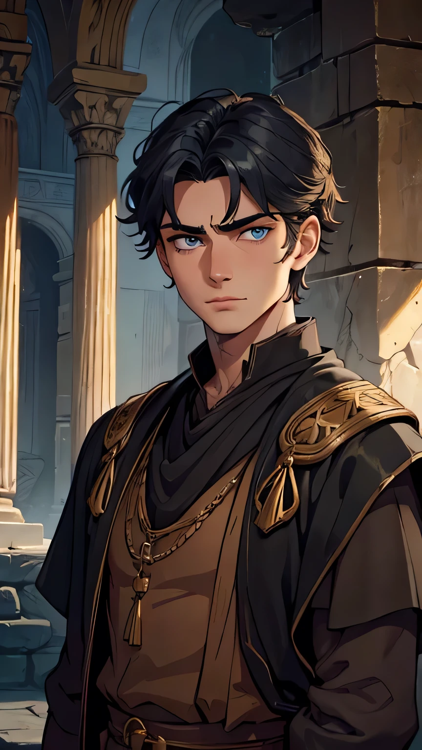 16 year old boy, blue eyes, dark gray hair, extremely detailed face and portrait, extremely detailed eyes, mesmerizing gaze, dressed in poor brown clothes from the 1st century AD, ancient dark Greek house from the 1st century AD, stone walls, chiaroscuro lighting, dramatic lighting, moody atmosphere, cinematic lighting, detailed architecture, high quality, masterpiece, cinematic, photorealistic