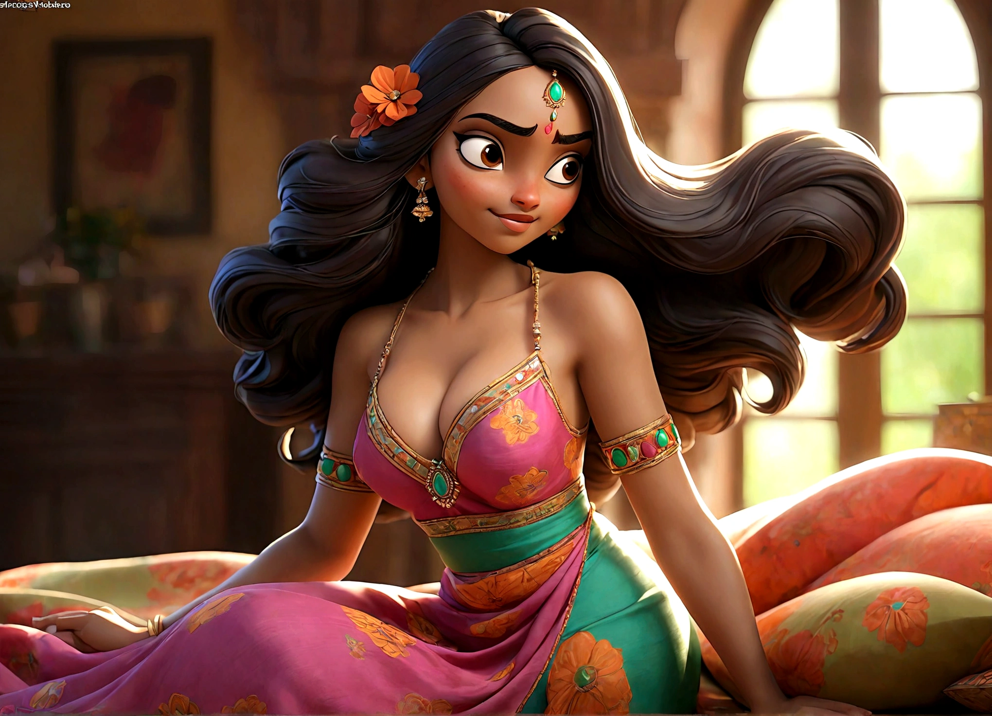 A lovely Indian woman (age 25, athletic, very full breasts natural sag, wide hips, big butt, colorful translucent dress made of sheer silk cloths), happy, heavy flirting, convenient poses where a lot of light is behind her fully revealing the wonders under her translucent dress (breasts and vagina well defined), she is showing the viewer around her home particularly her lavish bedroom (bed covered with many flowers)
