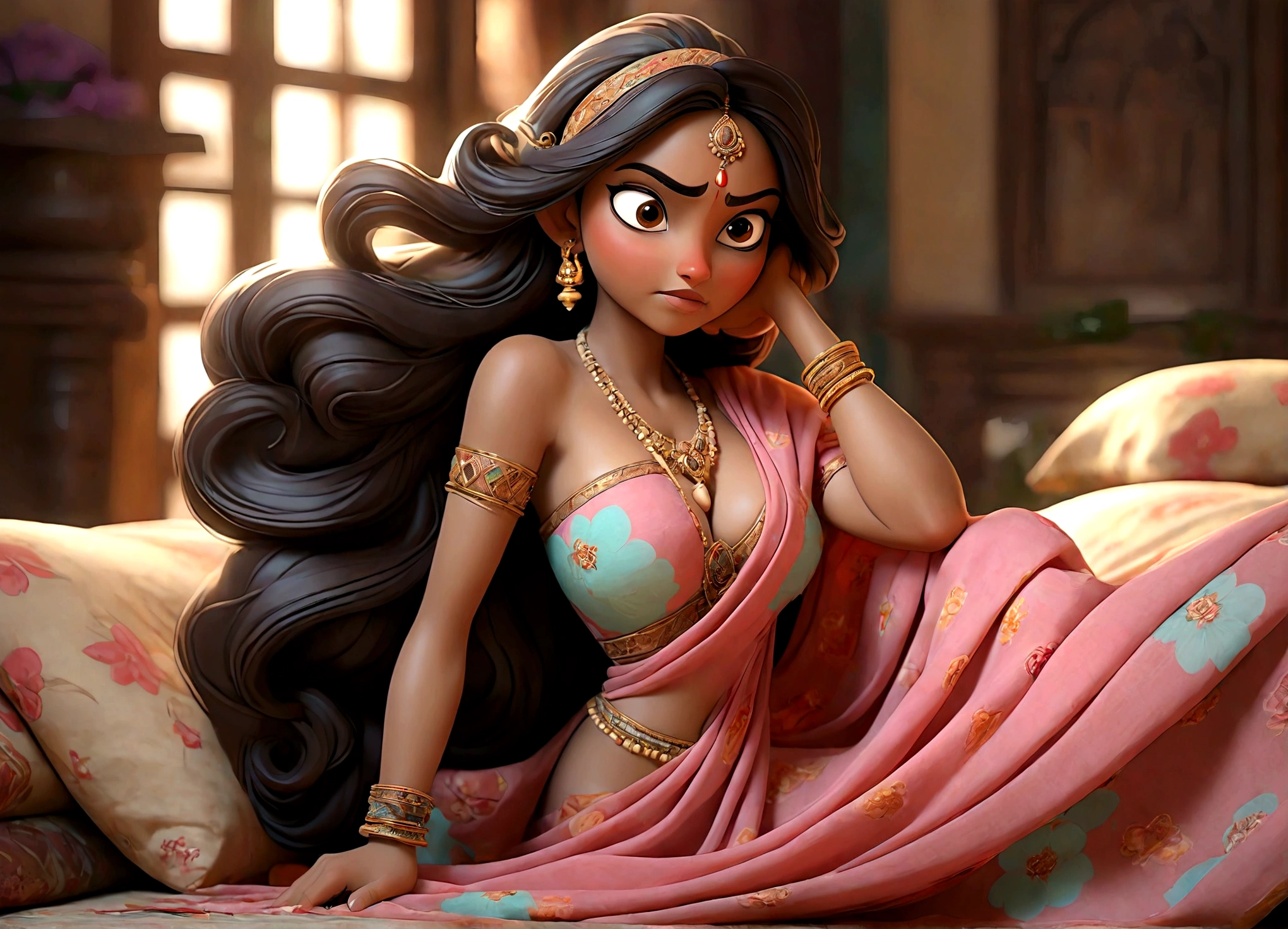 A lovely Indian woman (age 25, athletic, very full breasts natural sag, wide hips, big butt, colorful translucent dress made of sheer silk cloths), happy, heavy flirting, convenient poses where a lot of light is behind her fully revealing the wonders under her translucent dress (breasts and vagina well defined), she is showing the viewer around her home particularly her lavish bedroom (bed covered with many flowers)
