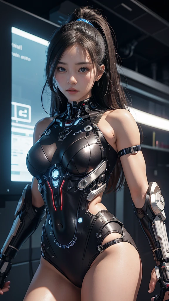 Beautiful cybernetic girl in underwear looking at camera、Detailed muscles、A realistic masterpiece、Dynamic pose