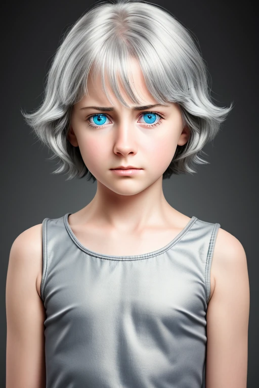 masterpiece, realistic, 8K, (1 young girl:1.5), 14 years, Russian, Blue eyes, flat chest with beautiful erect nipples, simple gray-green tank top without sleeves and decorations, (ruffled silver (gray-haired) hair:1.1), (полудлинные hair:1.1), Looking into the distance, the heavy piercing gaze of a man who has seen some bullshit, sad、Turning, Upper body