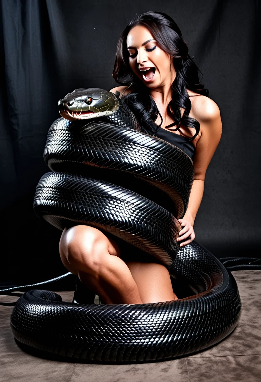 Happy Horny, aroused 1girl), beautiful kneeling girl with giant black snake titanboa squeezing her hard, wrapped in thick spiraling coils, constricted, struggle, gasping for air, snake attack, snake peril, moonless night, dim light