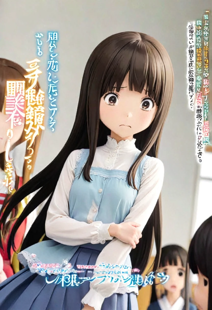 Magazine cover(masterpiece, best quality:1.2),,(((The eyes are delicate)))Fraction_9,Fraction_8_Direction_7_Direction_6_up, source_Japanese cartoons, disgusted face, Solitary, 1 Girl, looking at the audience, disgust, skirt, upper body, White background , long hair, Hair combed back,Shadowed side,(8K)(HD)