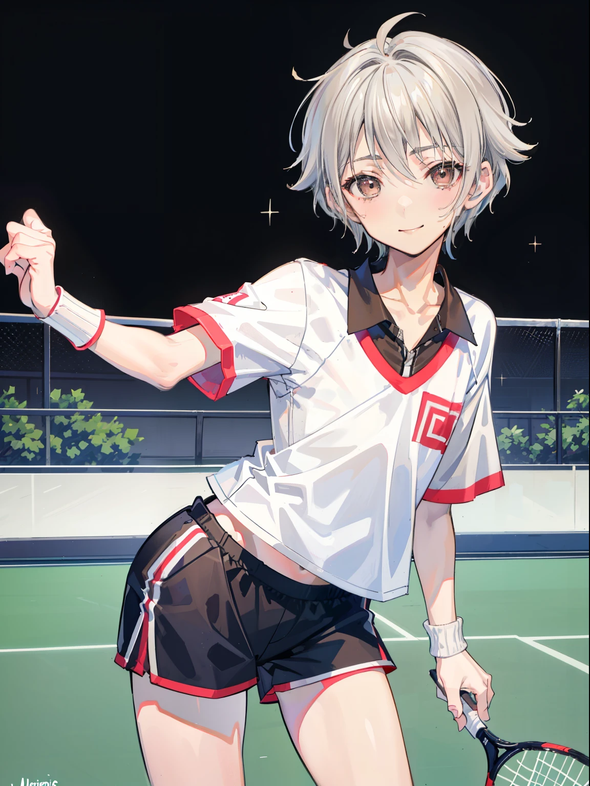 Kimishima Ikuto、、Beautiful Boy、boy、boy１people、Beautiful boy、((Hairstyle:Silver short hair, Outwardly curled hair)), Slanted Eyes、Brown Eyes、Perfect Anatomy、whole body、Thighs、Wink、Cute smile、Sexy smile、((background:Tennis court)), ((Tennis Wear,Shorts)),Thin flat chest
