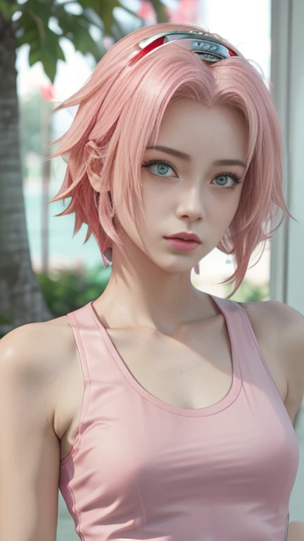 young woman, short shoulder-length pink hair, wide forehead, porcelain skin, pink eyebrows, big emerald green eyes, buttoned nose, full lips, heart-shaped face, slender body, small breasts, red tank top, Sakura Haruno , realistic, realism, details, 3d, well detailed