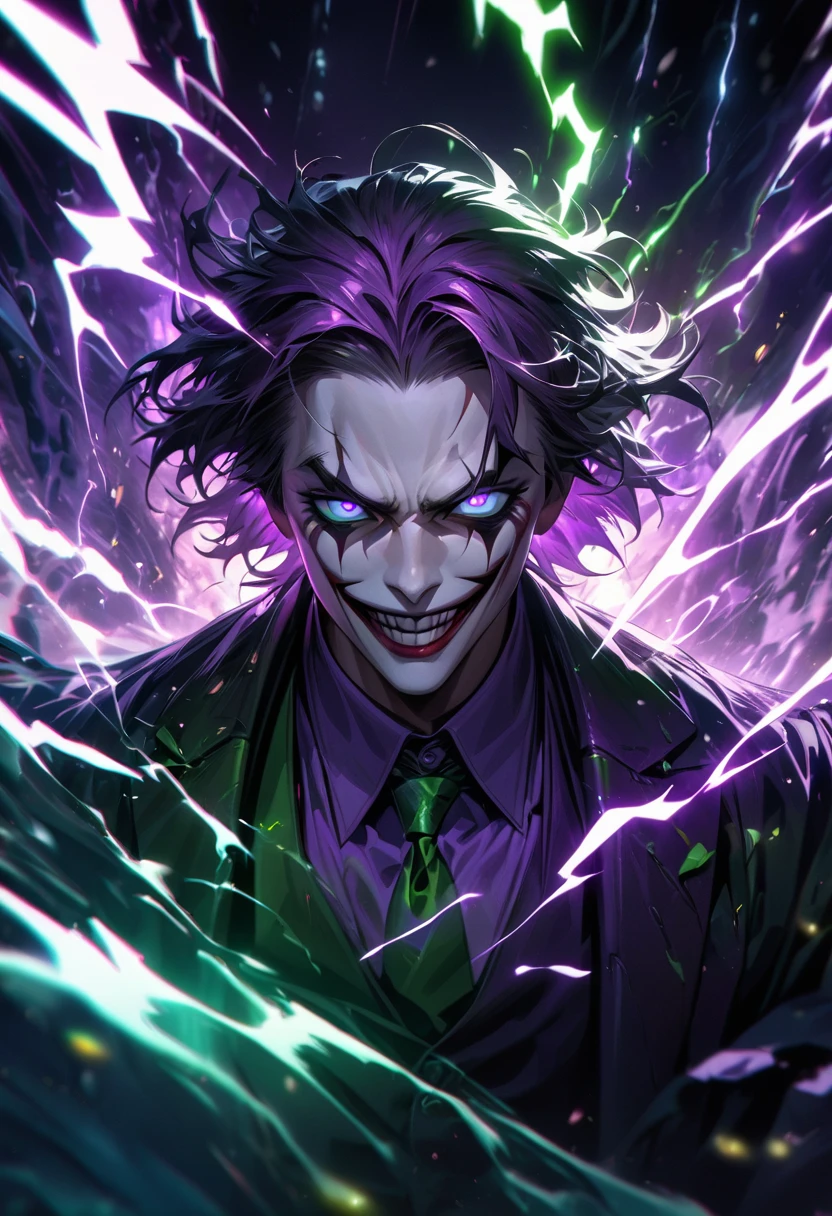Symetrical,absurdres, highres, ultra detailed, HDR, masterpiece, extremely detailed face and eyes,Heath ledger Joker,,, , solo, man, handsome, ,, , Epic fight scene, purple green water effect, purple and green lightning effect,glowing glitters
