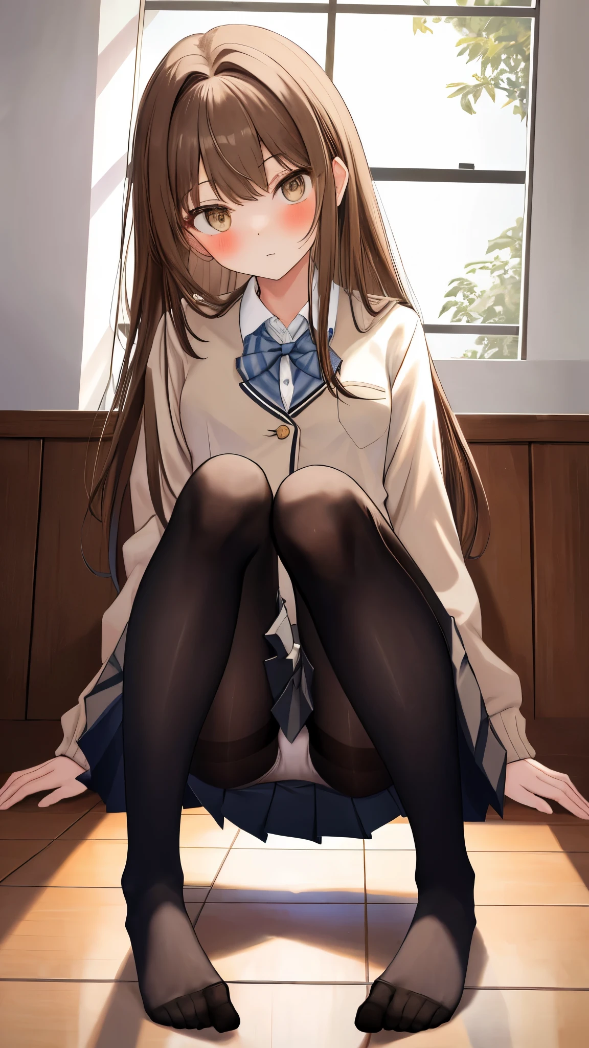 highest quality, masterpiece, High resolution, (Head to Toe full body), front, frontやや下からの構図, Symmetric, Tall 18 year old girl, alone, (Head to Toe), (Small breasts), disheveled brown hair, bangs, (black tights), (Black Pantyhose), (Sit with your legs apart), (Crouching pose), (Composition showing white panties), (She has her legs spread and her white panties are visible.), (Sit on the floor with your legs spread), (M-shaped foot), Thin legs, とても美しくTall 18 year old girl, (No shoes), blush, Shy big eyes, Looking into the camera, Blazer uniform, Checkered pleated skirt