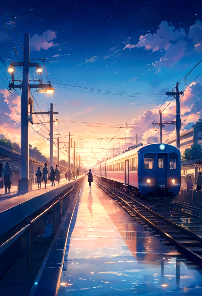 anime scenery of a train on a track with people walking on the platform, ( ( makoto shinkai ) ), train station background, style of makoto shinkai, beautiful anime scene, in style of makoto shinkai, makoto shinkai!, anime art wallpaper 4 k, anime art wallpaper 4k, makoto shinkai cyril rolando, anime background art