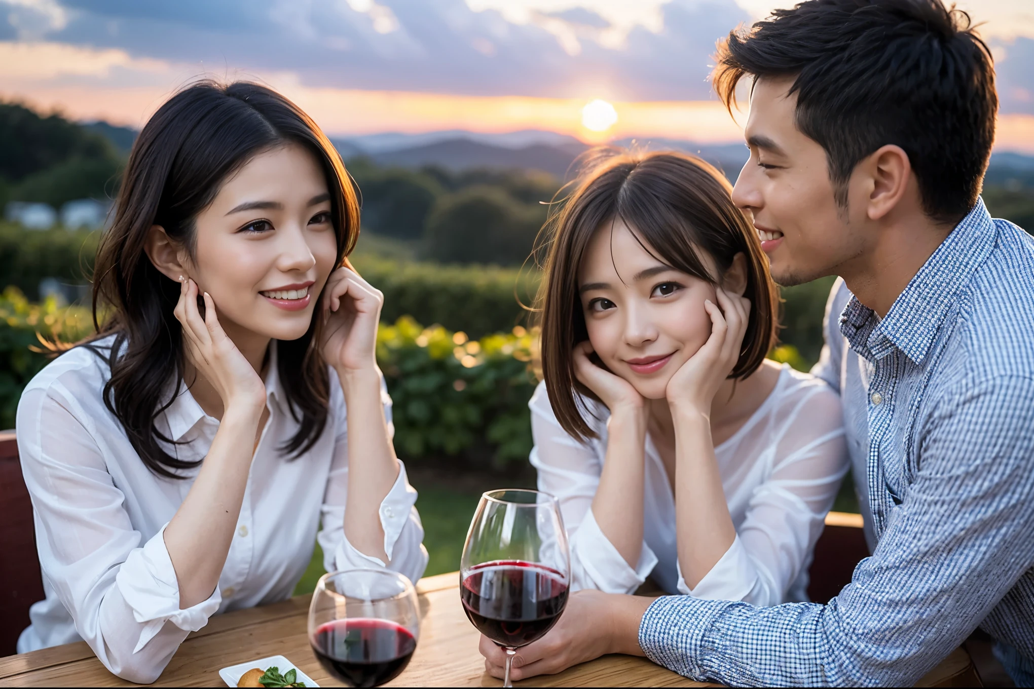 ((highest quality、8k、masterpiece:1.3))、 (Genuineistic, Genuine、Bright image、Intricate details:1.2), 最高のsmile 男性1人 女性1人、Beautiful Couple、Lovers、Japanese couple、A gentle lover、actress、Model Couple、smile、full-course dinner、 (Slim face), (the body is slim), (Brown Hair), (short hair), テーブルの上のwine glass、Please shine a light on my face、 Amazing view of the sunset sky and clouds、 (42 years old), 39 years old, red wine 、Appetizers、Wine bottle、sparkling wine、Long sleeve shirt、dress、White wine, red wine, wine glass, 