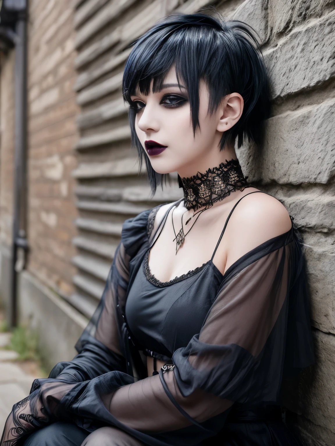 1girl, goth punk haircut, facing viewer, flat bangs, outdoors, leaning on wall, black lipstick, black lips, goth makeup, smoky eyes, eyeshadow, eyeliner, medium breasts, earring, long sleeves