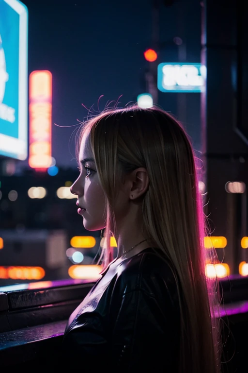 Silhouette of a cute girl looking out at the big scifi city,Backlit,blonde long hair,cyberpunk,neon,night