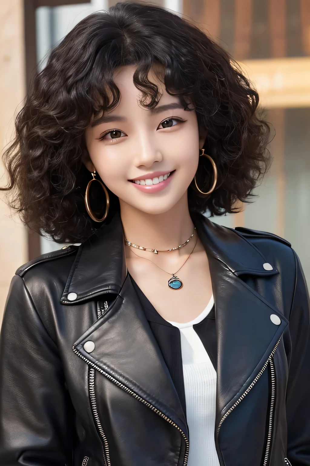 Beautiful young woman of the year、 Korean women、Black Hair、Afro hairstyle、Perm on hair、Necklace around the neck、leather jacket、shirt、smile, Beautiful teeth alignment、Intricate details, Very detailed:1.2), 、 Looking into the camera,The background is the town、Ear piercing
、Ear piercing