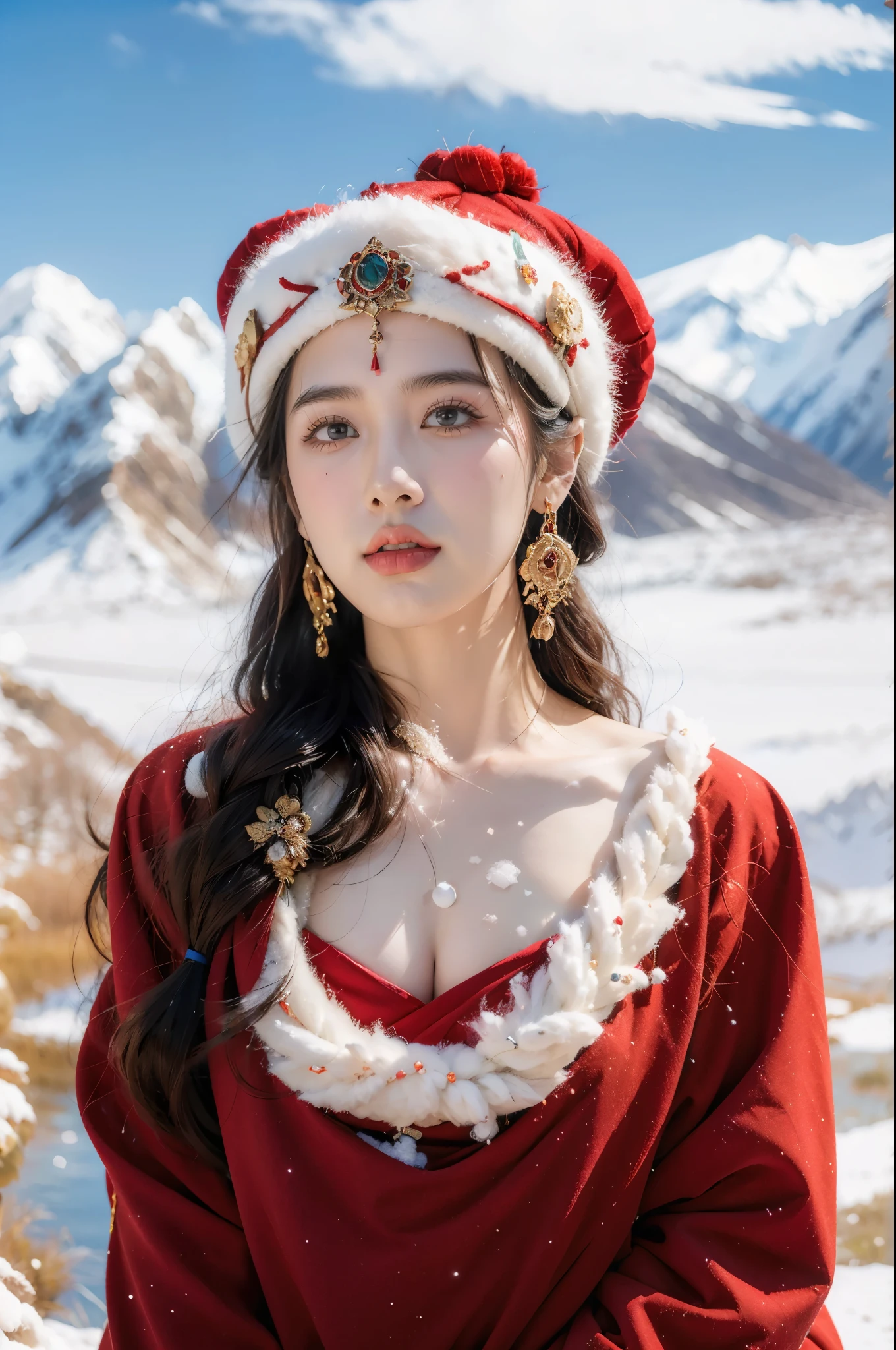 (masterpiece, best quality:1.2),red Tibetan clothing,1 Tibetan girl, blue sky, cloud, cloudy sky, day, earrings,Plush hat, horizon,Tibetan Earrings,jewelry, lips,snow mountain, outdoors, parted lips, red lips, solo, upper body,cleavage,