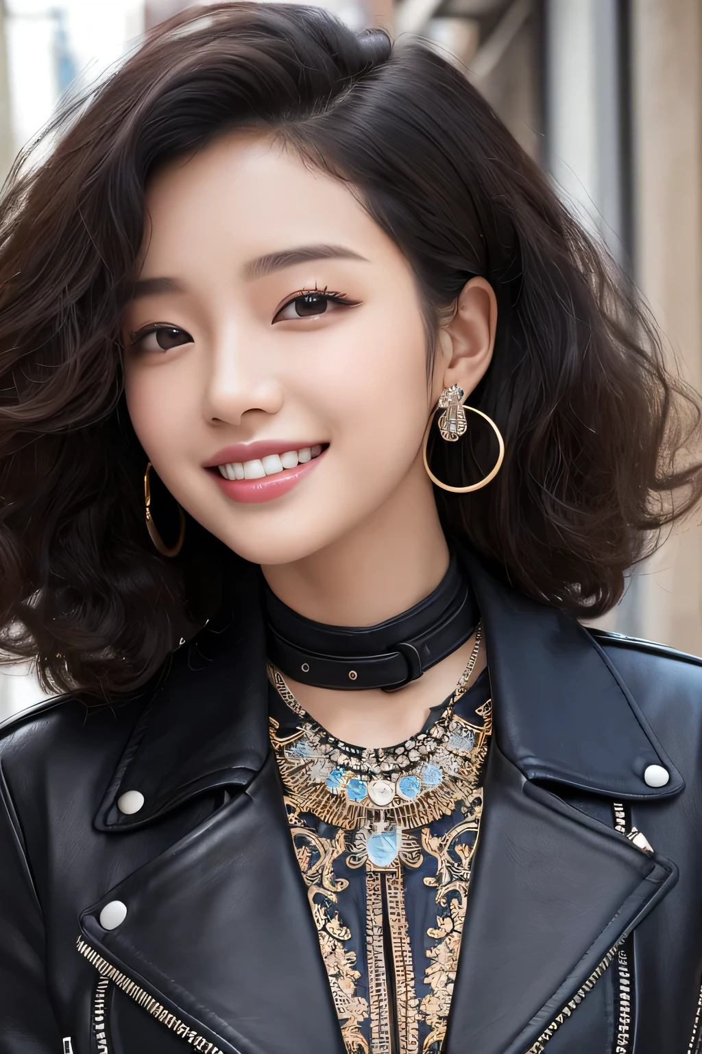 Beautiful young woman of the year、 Korean women、Black Hair、Afro hairstyle、Perm on hair、Necklace around the neck、leather jacket、shirt、smile, Beautiful teeth alignment、Intricate details, Very detailed:1.2), 、 Looking into the camera,The background is the town、Ear piercing

、Ear piercing