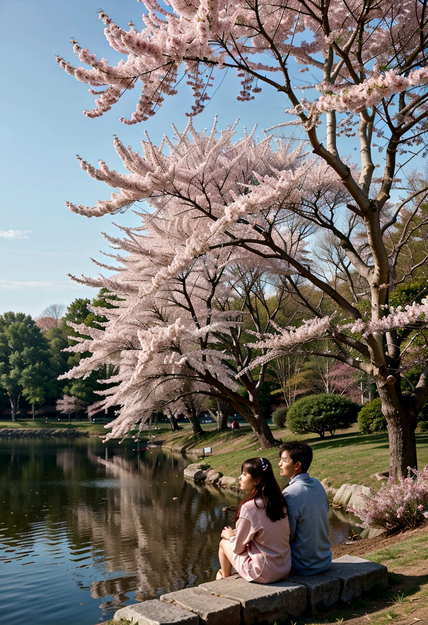 araffes sitting under a tree with a view of a body of water, sakura tree in background, sakura blooming on background, under sakura tree, cherry tree in the background, pink tree beside a large lake, cherry blossom tree, lush sakura trees, cherry blossom background, cherry blossom trees, spring early morning, cherry blossoms, cherry blossom, sakura trees