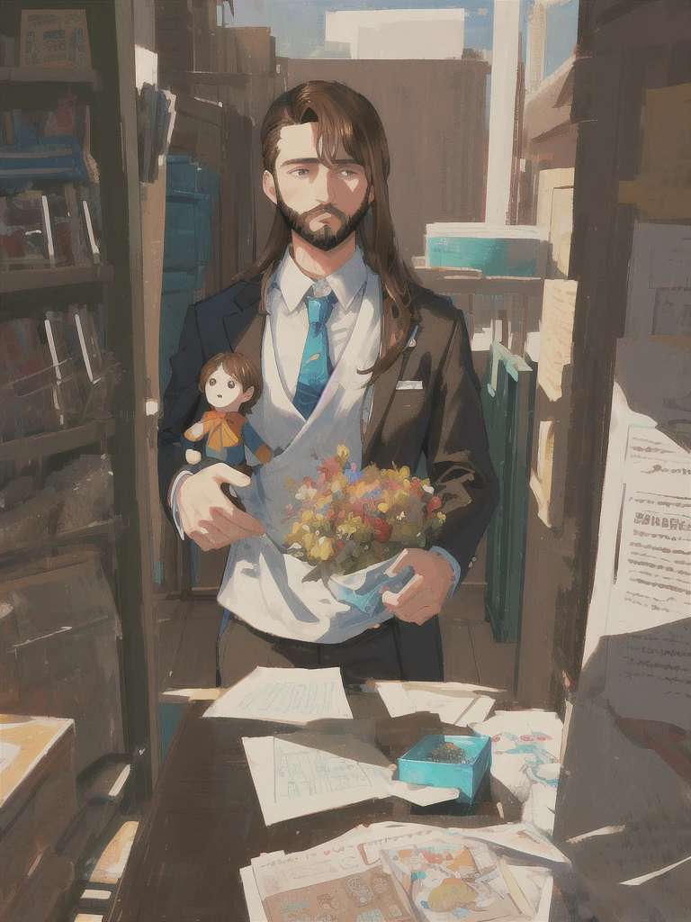 masterpiece, best quality, ultra-detailed, illustration, close-up, straight on, face focus, 1man, brown hair, brown eyes, long hair, Crew Cut, High Fade & Full Beard, wearing a business suit, love puppet theater.