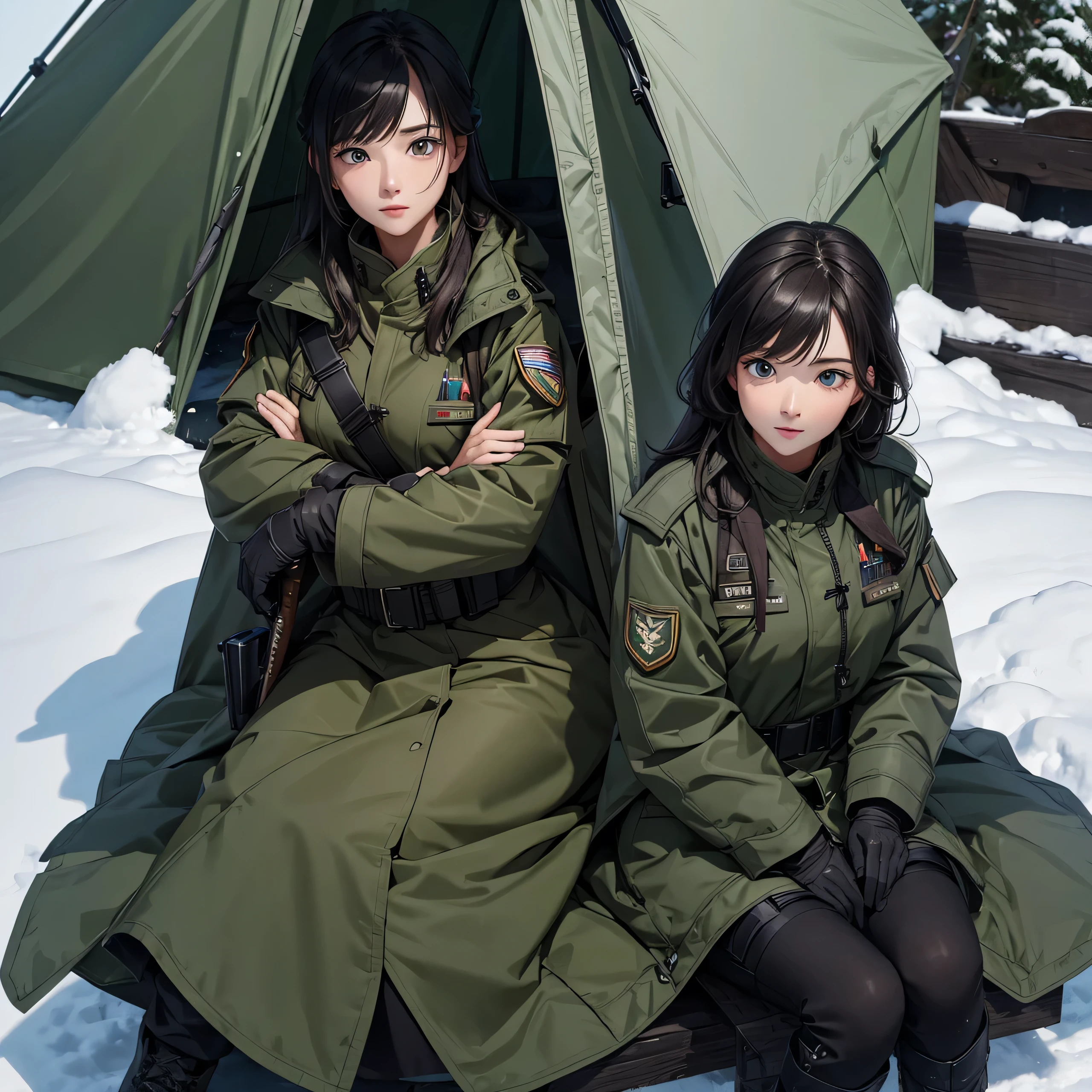 Female soldier wearing dark green M-51 military coat、whole body、sit together、In the snow tent，masterpiece、best quality、Highly detailed CG、8K picture quality