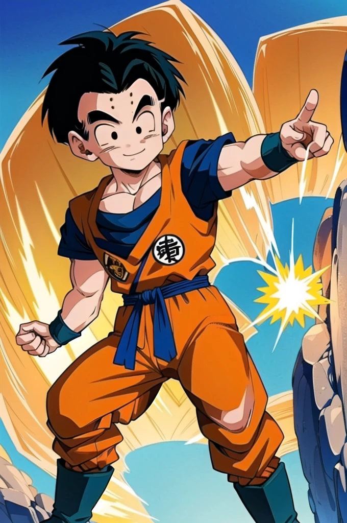 (8k, best quality, masterpiece:1.2), (finely detailed),kuririn, 1boy, (black hair:1.2), male focus, solo, charging,rocky grassfields,looking at viewer, smile, orange dougi, orange pants, blue wristbands, blue sash, black boots, dark blue shirt, patch, short sleeves, no sclera, (medium hair)