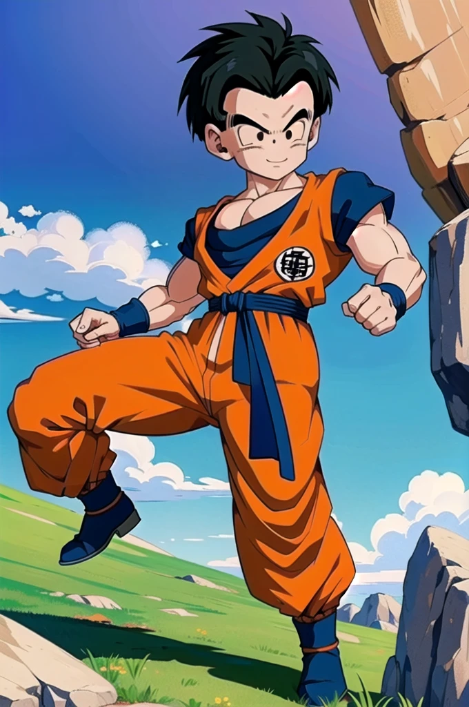(8k, best quality, masterpiece:1.2), (finely detailed),kuririn, 1boy, (black hair:1.2), male focus, solo, charging,rocky grassfields,looking at viewer, smile, orange dougi, orange pants, blue wristbands, blue sash, black boots, dark blue shirt, patch, short sleeves, no sclera, (medium hair)