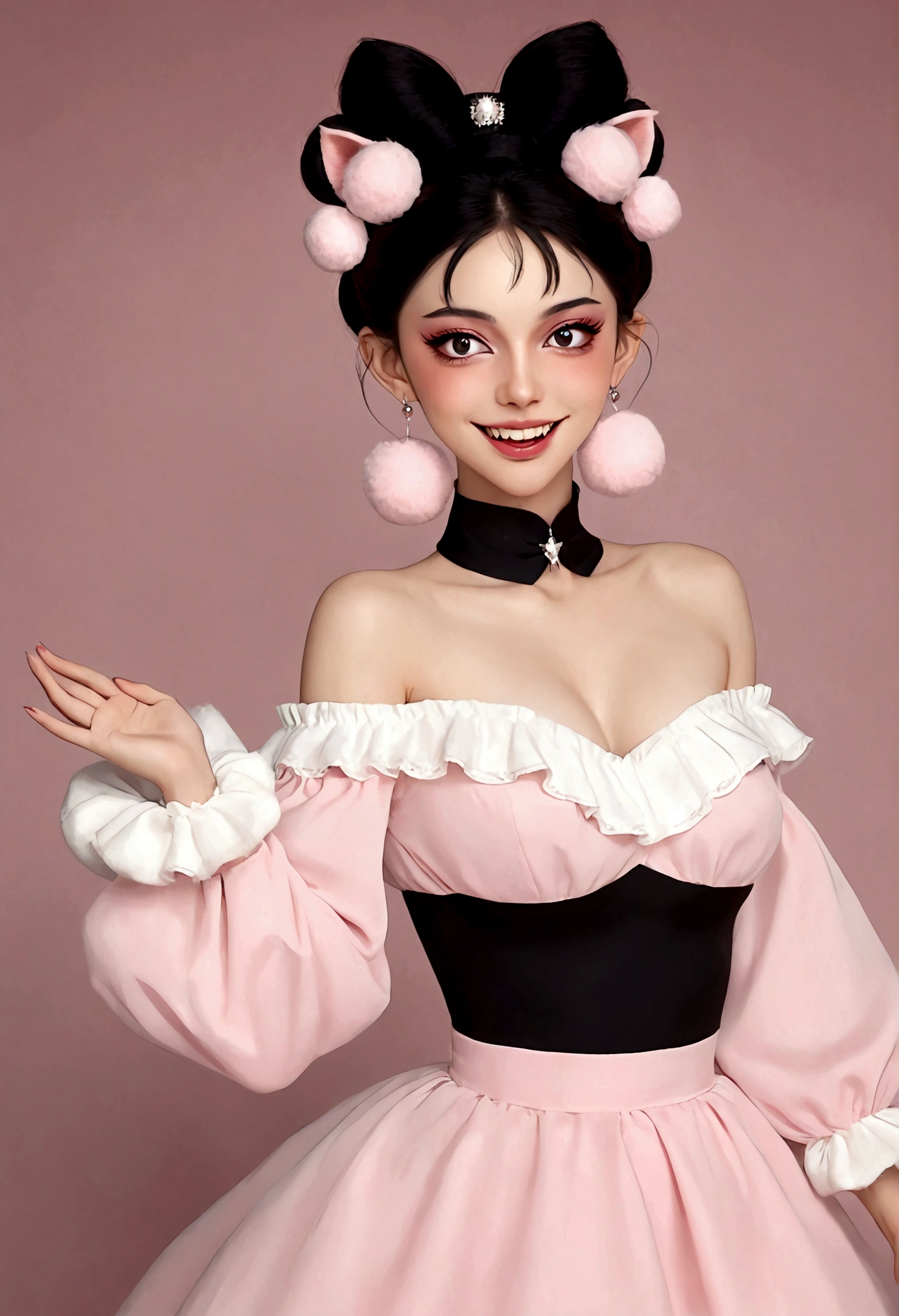 beautiful woman,detailed eyes,gorgeous makeup,pink eyeshadow,wide open smile,sharp fangs,large fluffy tail,voluminous black high bun,wispy bangs,pink fluffy pom pom earrings,high collar pink maid dress,bare shoulders,midriff exposed,multilayered lace frills,hand gestures,magic spell,(best quality,4k,8k,highres,masterpiece:1.2),ultra-detailed,(realistic,photorealistic,photo-realistic:1.37),vibrant colors,dramatic lighting，Fluffy fox tail