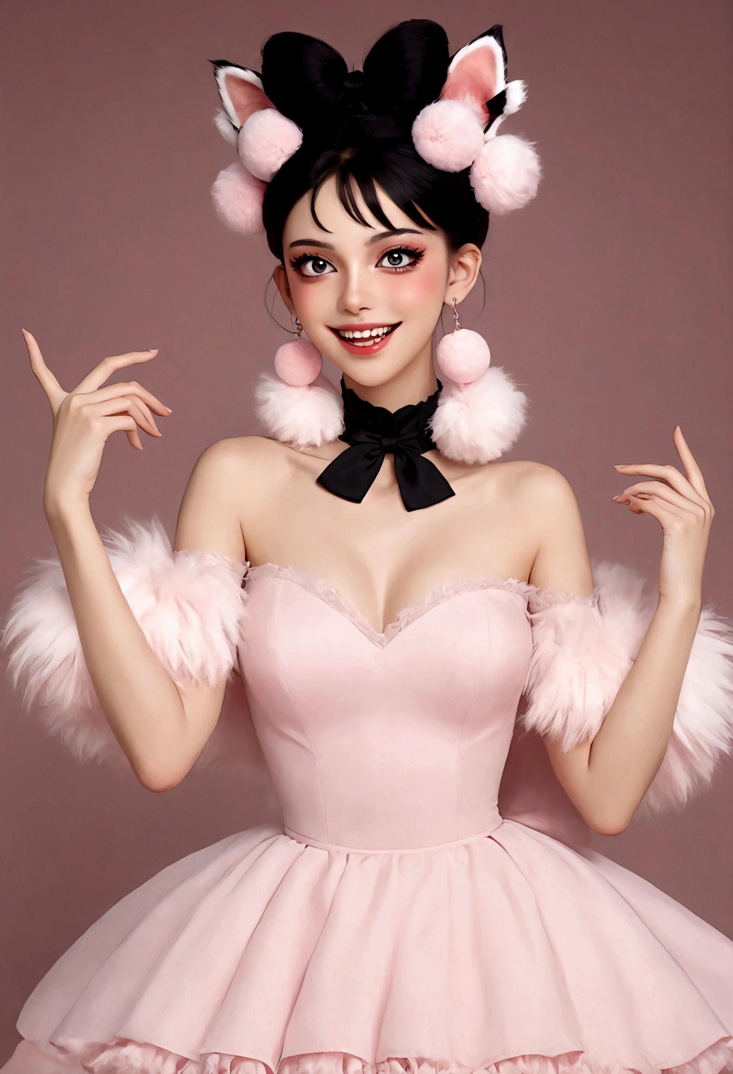 beautiful woman,detailed eyes,gorgeous makeup,pink eyeshadow,wide open smile,sharp fangs,large fluffy tail,voluminous black high bun,wispy bangs,pink fluffy pom pom earrings,high collar pink maid dress,bare shoulders,midriff exposed,multilayered lace frills,hand gestures,magic spell,(best quality,4k,8k,highres,masterpiece:1.2),ultra-detailed,(realistic,photorealistic,photo-realistic:1.37),vibrant colors,dramatic lighting,Fluffy fox tail
