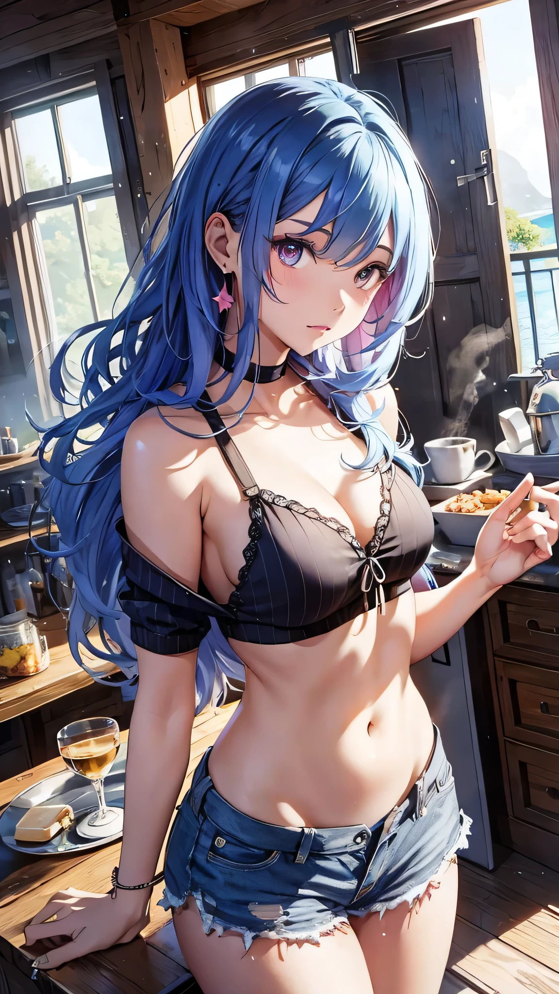 Highest quality、Highest quality、Masterpiece、girl((20-year-old、as soon as、Highest Bust、Medium Bust、Wide open chest、Red glowing eyes、Light Blue Hair、Disheveled Hair、Loincloth、thin、The best valley、Open chest、Full body view、White shorts、White tank top、Lie))、high quality、Beautiful Art、background((Wooden house、Wooden house具、Fan、White Curtains))、Depth((Ocean)),flight、Flying Debris、Depth of text、movie、Visual Arts、Perfect Art、8K、Genuine、Special Angles