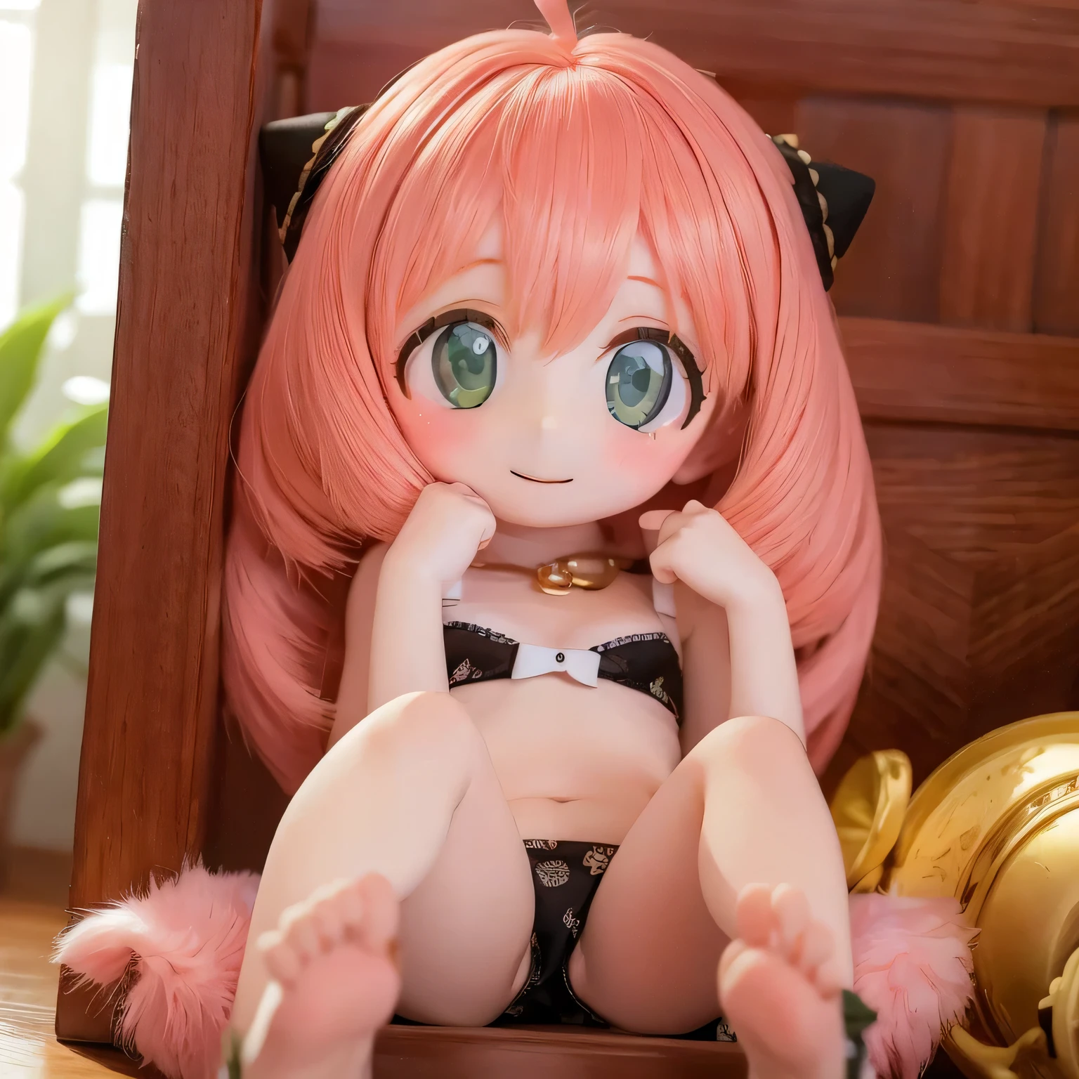 (highest quality,4K,High resolution,masterpiece:1.2),Very detailed,Realistic,Beautiful details,Beautiful lip detail,Long eyelashes,Pink Hair,short hair,smile,5 year old girl, (bikini),Cute expression,Hilarious,Playful,Girlish,Bokeh,Soft lighting,stand、feet