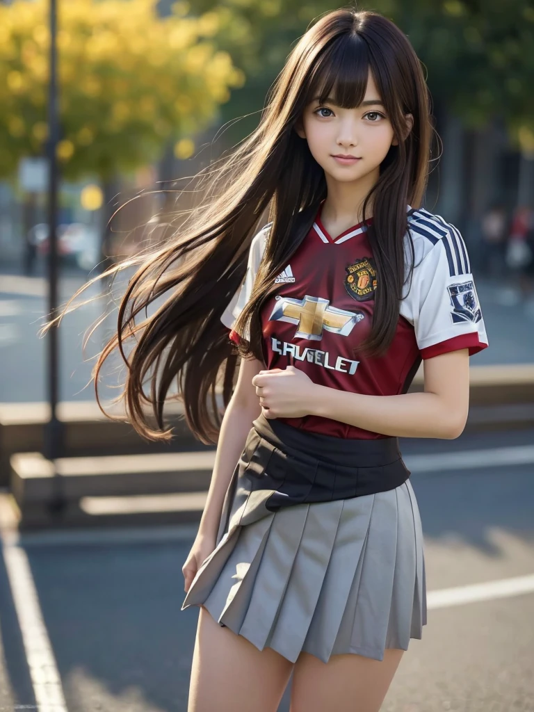 (8k, RAW Photos, highest quality, masterpiece:1.2), (Realistic, photo-Realistic:1.4), (Highly detailed 8k wallpaper), ((Full Body Shot)), (1 girl), Sharp focus, Depth of written boundary, Cinematic lighting, Soft Light, 緻密な美しさのeye, eye_Chan, Very beautiful girl, innocent big eyes, Realistic, photo Realistic, Highly detailed cute girl, (Thin thighs), (Model Body Type), 18-year-old, (((Manchester United long soccer jersey))), ((Micro Mini Pleated Skirt)), (((Fold your arms in front of your chest and act arrogantly))), ((A happy smile)), Parted lips, Watching the audience, (On the streets of Britain) , (Brown Hair),(Long Bob Hair), (Asymmetrical bangs)