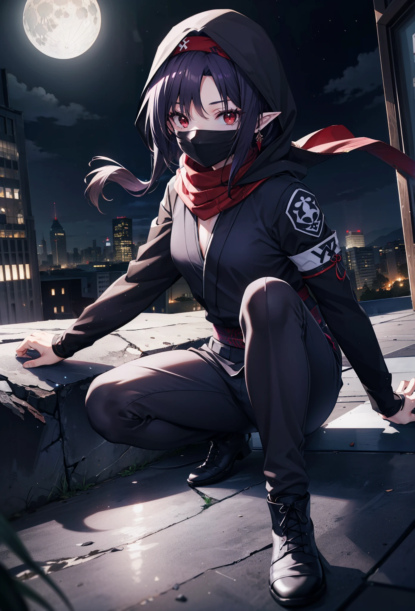 yuukikonno, Yuki Konno, hair band, Long Hair, Pointy Ears, Purple Hair, (Red eyes:1.5), (Small breasts:1.2),Hooded,cover your mouth with a black scarf,strict,black Ninja uniform,Ninja,black Ninja pants,short boots,Action pose,Overlooking the city from the roof of the building,moon,moon明かり,night,whole bodyがイラストに入るように,
break looking at viewer, whole body,
break outdoors ,Medieval European-style building,
break (masterpiece:1.2), highest quality, High resolution, unity 8k wallpaper, (shape:0.8), (Beautiful and beautiful eyes:1.6), Highly detailed face, Perfect lighting, Highly detailed CG, (Perfect hands, Perfect Anatomy),