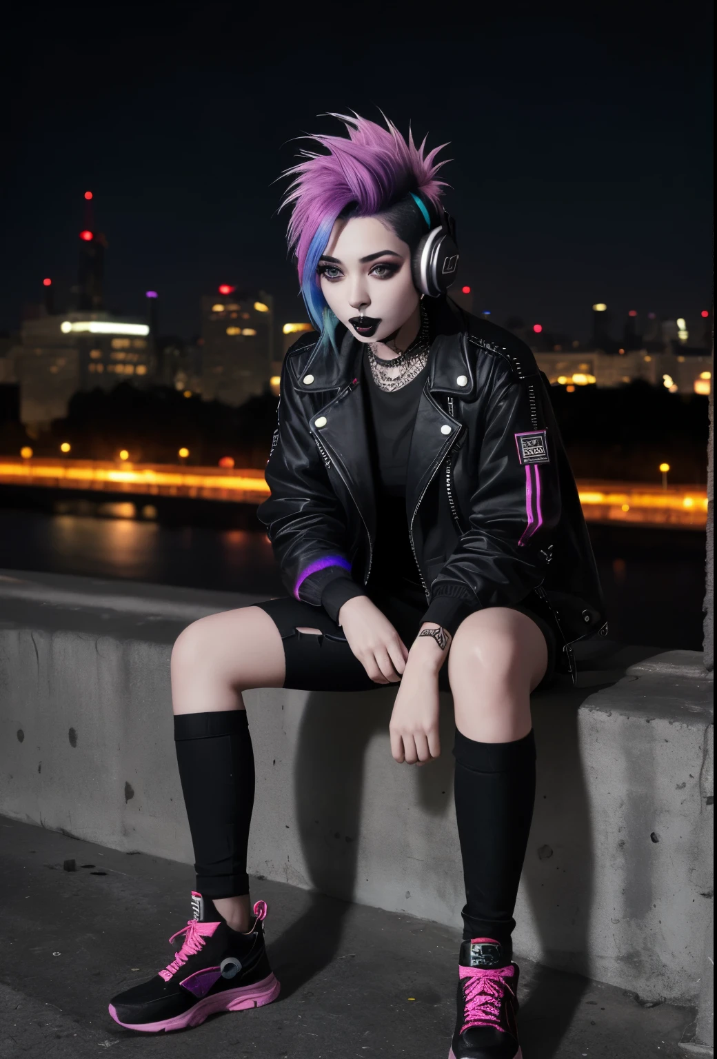 1girl, woman, perfect body, seductive,
black lipstick,
city at night, outside,
headphones,
mesh,
rainbow hair, ombre,
punk style, punk, punk hair with shaved sides, looking at viewer,
sitting, full body view, jacket