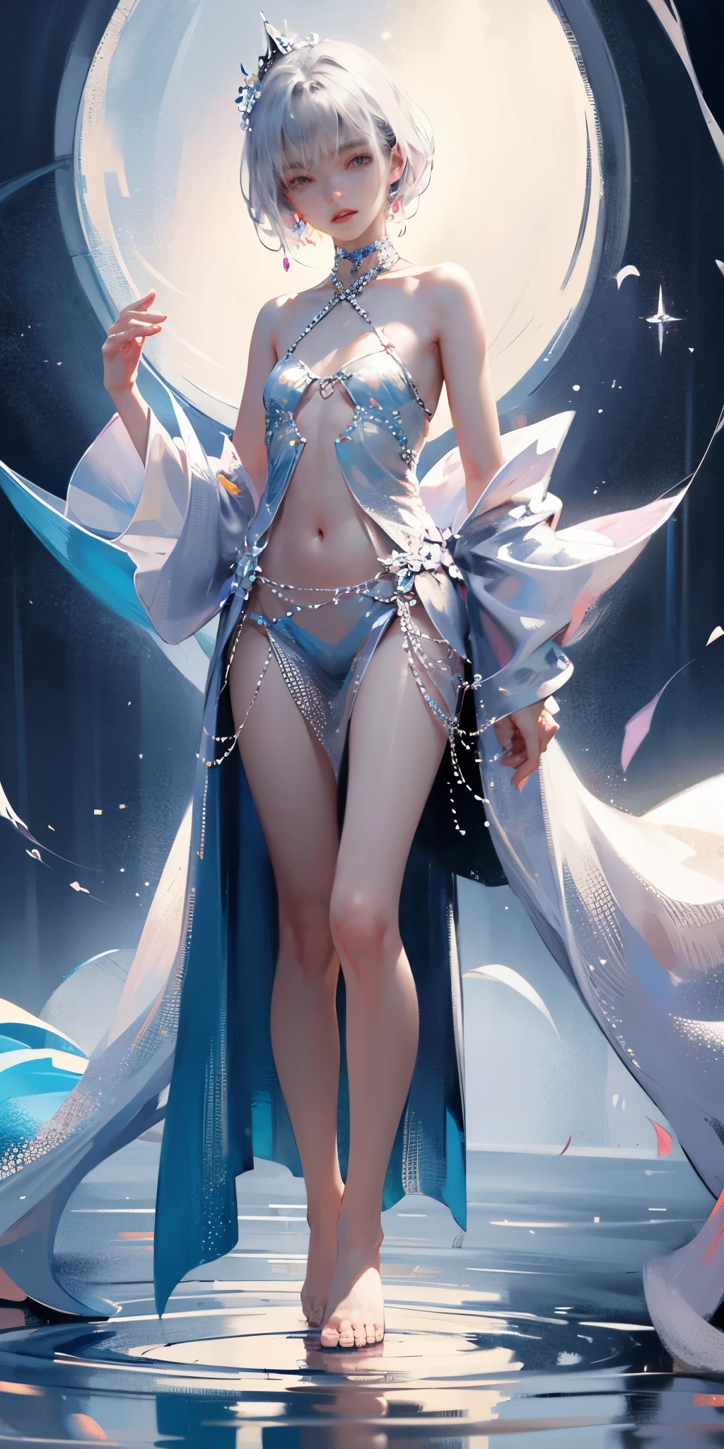 A girl、symmetry,Daughter,whole body 女恋,Put your hands together and bloom,(Very detailed:1.1),((small :1.2))、The eyes are well drawn、Charming eyes、Double tail、Wear jewelry and pearls around your neck,Transparent openwork、Deep V、Crystal Pearls、在Wear jewelry and pearls around your neck,white hair, show your thighs, Bare shoulders, Show clavicle, Yao Liu, barefoot,((whole body))、painful posture