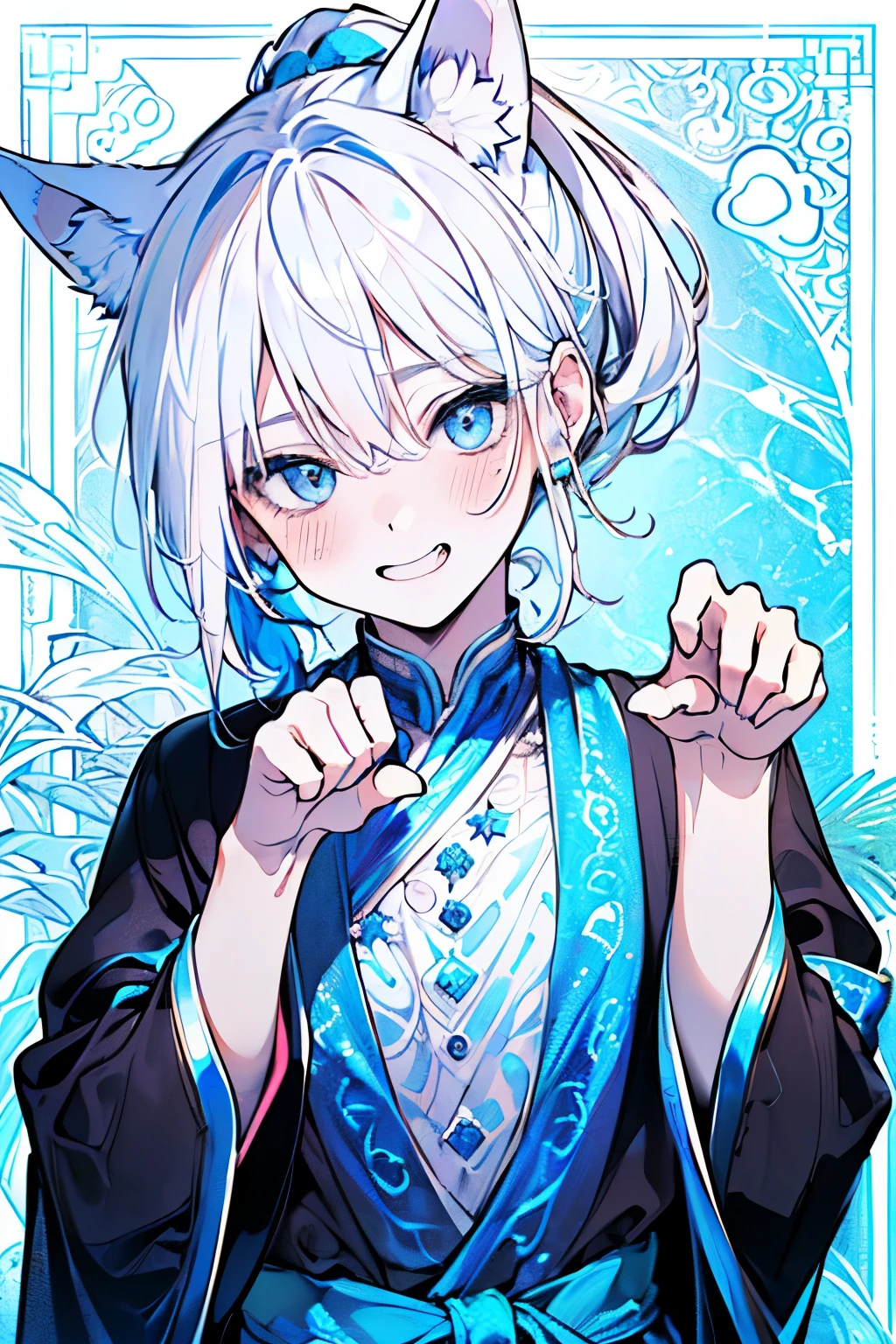 ,(((male:1.3))),((white and blue hair:1.3)),(Shiny marble eyes:1.45),(ponytail:1.4),(NSFW:1.15),((drooping dog ears:1.2)),(A lustrous, soft face:1.4),((blush、Shy laugh、Excited face:1.2)),((head down:1.3)),((POP and cute animal footprint background:1.25)),((Gorgeous Arabian costume:1.3)),(black、purple、white、pink),((paw pose:1.4))