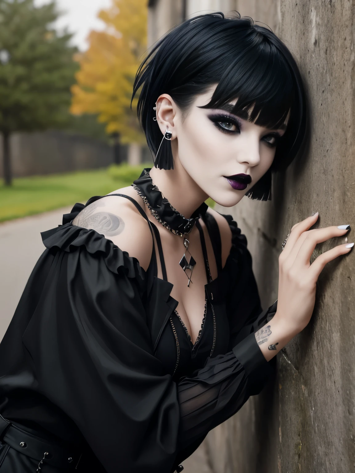 1girl, goth punk haircut, facing viewer, flat bangs, outdoors, leaning on wall, black lipstick, black lips, goth makeup, smoky eyes, eyeshadow, eyeliner, medium breasts, earring, long sleeves