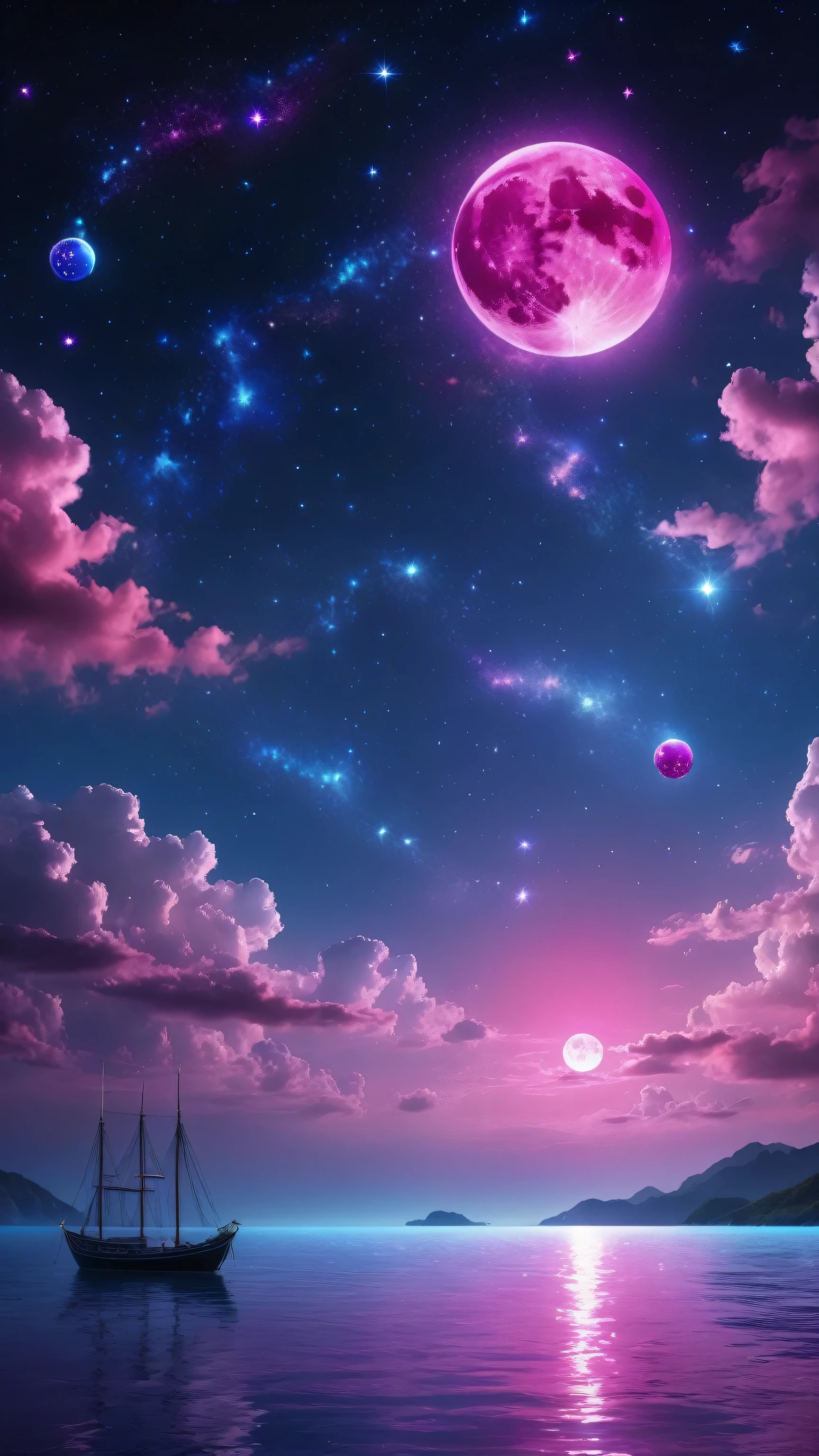 On a starry night with small clouds floating、Magenta and pink moon、Purple and sparkling light blue spheres reflecting light in the ocean。. A space of sparkling stars, It's a bright neon glow from outer space: Vibrant electric light blue expanse glowing sphere, Emerald green、Bright pink、Purple shines mysteriously against the dark background.. this concept art, Expressed as a digital painting, captures the essence of a lovley and opulent space scene showcasing complicated details and exquisite craftsmanship. Fascinating sparkling light, cleverly expressed, Create a sense of awe and wonder, Immerse your audience in the enchanting beauty of this otherworldly creation.macro photograph, Haute Couture, Surreal, high quality, Super detailed, Professional Photograph, beautiful, Transparent photograph, Professional Movies, Professional Photograph, Super detailed, Ultra-realistic, Cinematic, Sharp focus, Bright light, Detailed, complicated, Absurd, masterpiece. RAWphotograph, Edited by Photograph, Film stock photograph, photograph, Fujifilm Superior Premium 400, Nikon D850 Film stock photograph Kodak Portra 400 camera f1.6 Lenses, 8k, Ultra-high resolution